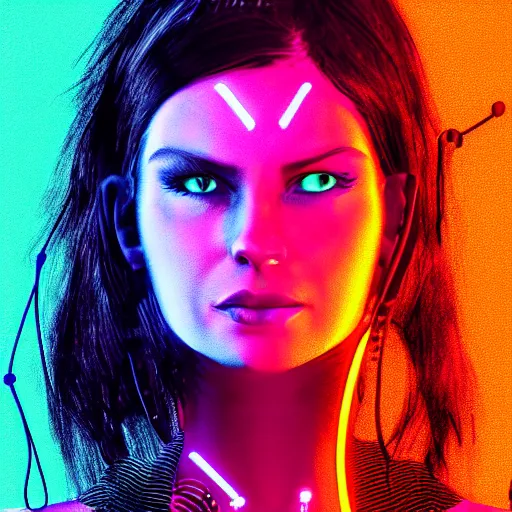 Image similar to digital artwork of woman wearing technological neon collar, cyberpunk art style, 4K, portrait,