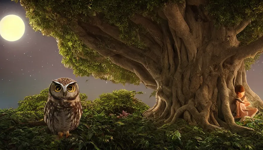 Image similar to very very small owl, sitting on a gigantic banyan tree in moonlit lakshadweep by ilya kuvshinov, starry night, rtx rendering, octane render 1 2 8 k, maya, extreme high intricate details by tom bagshaw, medium shot, close up shot, composition by sana takeda, lighting by greg rutkowski