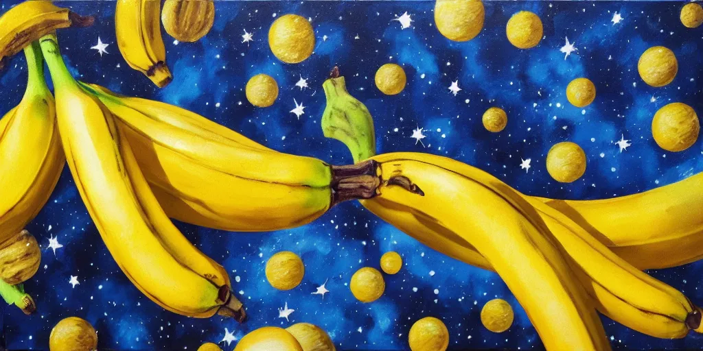 Image similar to banana hat in outer space, acrylic on canvas, breathtaking realistic, photorealistic in the style of realism