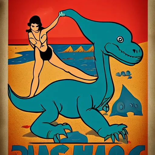 Image similar to Human-dinosaur hybrid at the beach, pin up style poster