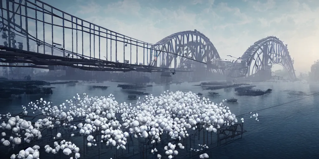 Image similar to explosions in the form of realistic white cotton plants on harbour bridge, huge white cotton everywhere on the destroyed harbour bridge, smooth, sharp focus, highly detailed, 3 d octane render, epic lighting, lots of white cotton, 8 k, by greg rutkowski