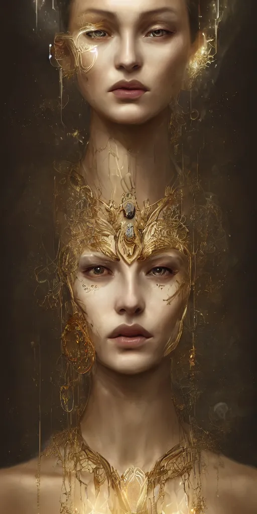 Image similar to realistic character concept of creature fantastic with lots of jewelry in the face, elegant pose, scifi, illustration, slender symmetrical face and body, artstation, cinematic lighting, hyperdetailed, cgsociety, 8 k, high resolution, charlie bowater, tom bagshaw, insanely detailed and intricate, beautiful, elegant, golden ratio, dark fractal background, vfx, postprocessing