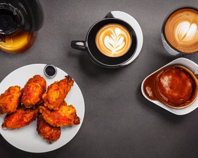 Prompt: A cup of coffee and hot wings covered in cheese, Cinematic shot, 8k resolution