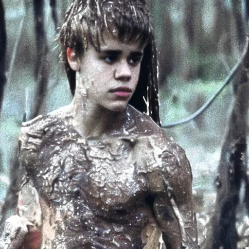 Image similar to cinematic still of justin bieber, covered in mud and watching a predator in a swamp in 1 9 8 7 movie predator, hd, 4 k