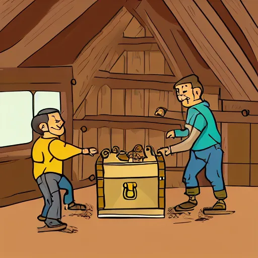 Prompt: dusty treasure chest filled with three small men, in a rustic attic. digital illustration