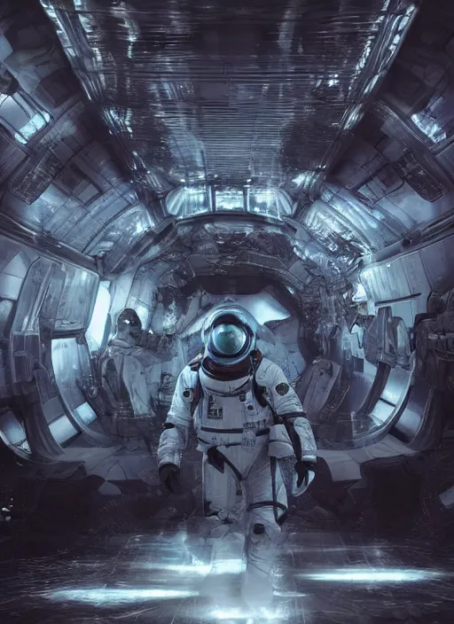 Prompt: concept art by craig mullins infrared complex and hyperdetailed technical astronauts floating in futuristic dark and empty spaceship underwater. reflection and dispersion materials. rays and dispersion of light. volumetric light. 5 0 mm, f / 3 2. noise film photo. flash photography. unreal engine 4, octane render. interstellar movie art