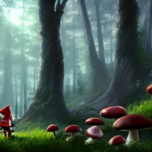 Prompt: tall mysterious woods, realistic gnomes go by their own business, light shining through, mushrooms on the ground, warm lighting, concept art, award winning concept art, Thomas Cole, 4k, 8k,