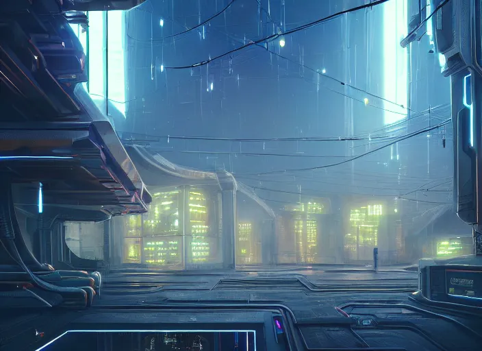 Image similar to exterior of scifi temple, machines, architecture, cult of artificial intelligence, ultra realistic, gaming computers, highly detailed, atmosphere, masterpiece, concept art, glowing wires, transparent objects, cyberpunk, highlighted, 4 k, cinematic, art by patryk olkiewicz and chris ostrowski and liang yao