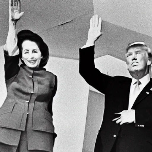 Image similar to A photo from the 1960s shows Pelosi and Trump saluting in Chinese military uniforms.