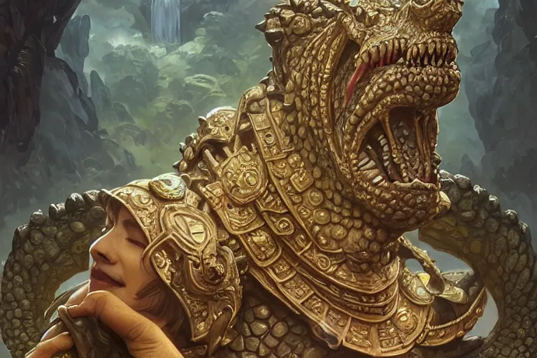 Image similar to stone statue of the anthropomorphic crocodile god adorned with gemstones, deep focus, d & d, fantasy, intricate, elegant, highly detailed, digital painting, artstation, concept art, matte, sharp focus, illustration, hearthstone, art by artgerm and greg rutkowski and alphonse mucha