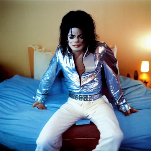 Image similar to Michael Jackson in bed. 8k. 4k. HD. UHD. Photo Portra 800.