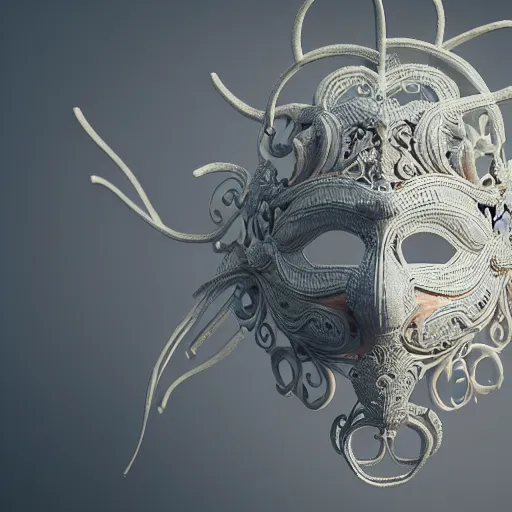 Image similar to an elaborate intricate mask made of wind caught is a cloud vortex, rendered in octane, behance hd, bokeh backdrop