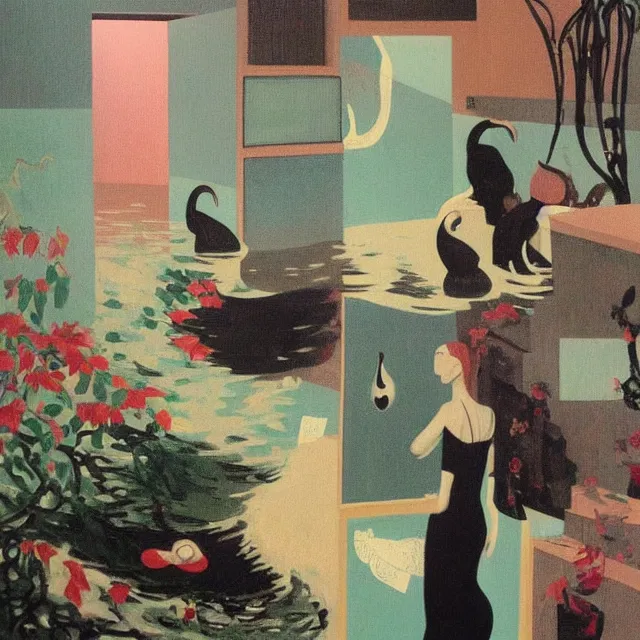 Image similar to tall female emo vegan socialist artist in their flooded apartment, painting of flood waters inside an artist's home, a river flooding indoors, pomegranates, pigs, ikebana, zen, water, octopus, river, rapids, waterfall, black swans, canoe, berries, acrylic on canvas, surrealist, by magritte and monet