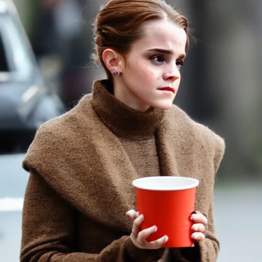 Image similar to photo of a cold emma watson holding a cup of warm milk, cozy