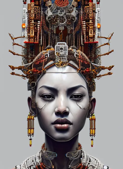 Prompt: white statue!! portrait of a cyberpunk machine, machine face, upper half portrait, decorated with beads, african man, traditional chinese art, intricate, elegant, highly detailed, headpiece, digital painting, artstation, concept art, smooth, sharp focus, illustration, art by artgerm and greg rutkowski and alphonse mucha, 8 k