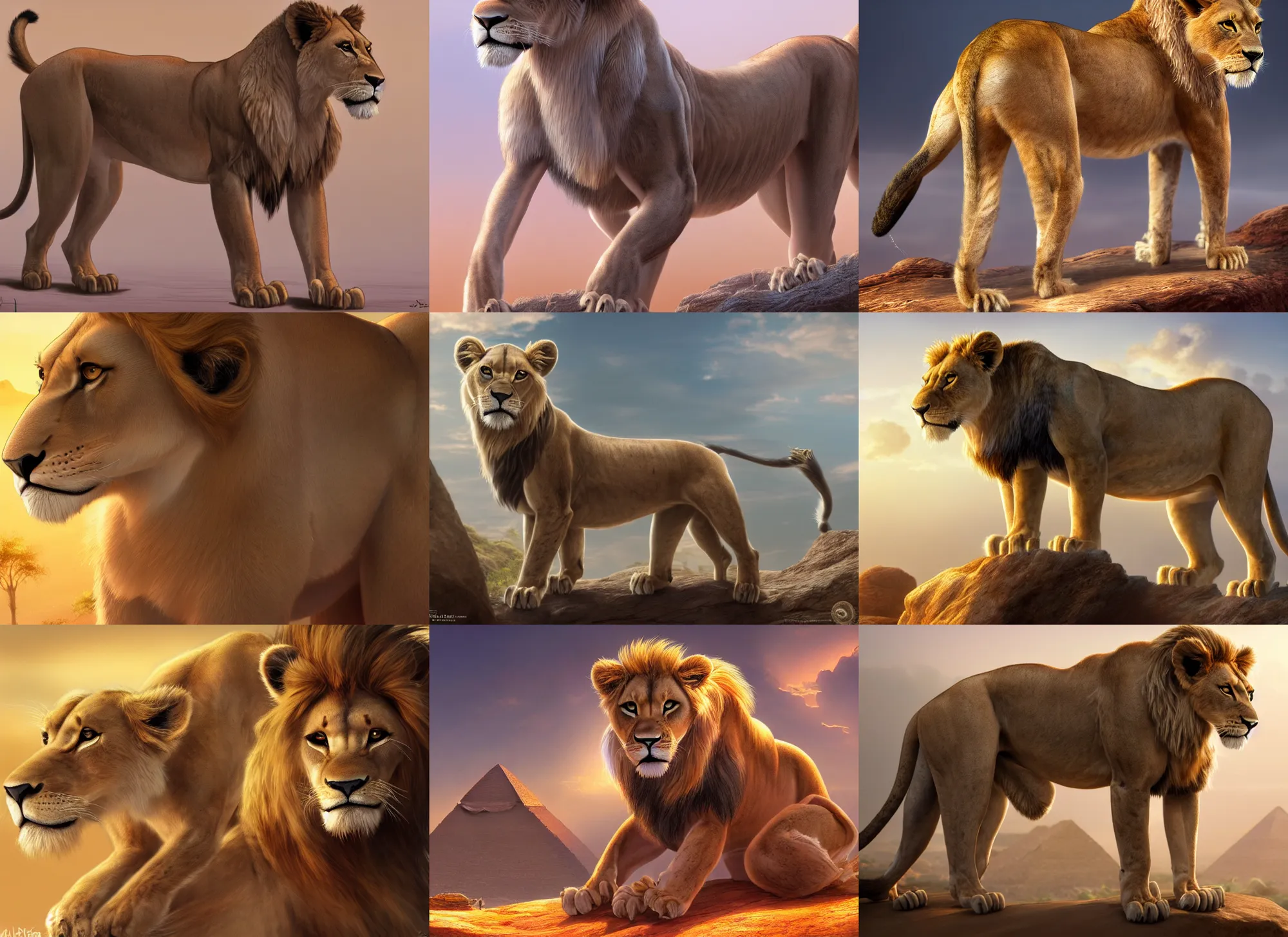 Prompt: fullbody extremely beautiful detailed character design of a feral lioness in egypt. extremely detailed fur deviantart lion adoptable, character concept artwork professional in the style of'the lion king'by jessica rossier, artstation, deviantart, fanpop, clean linework, fully colored, disney, disney