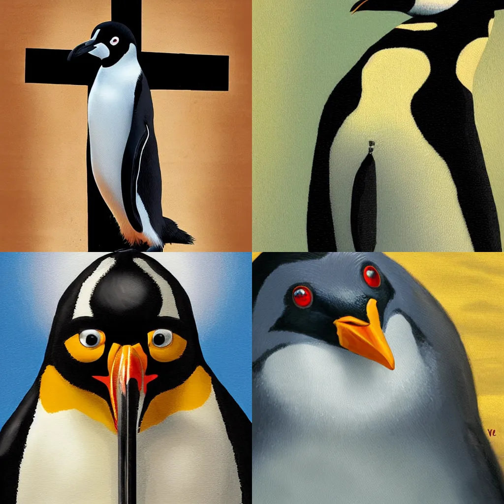 Prompt: close-up penguin wearing a crucifix, highly detailed, sharp focus, digital painting, artwork by Victor Adame Minguez + Yuumei + Tom Lovell + Sandro Botticelli