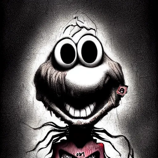 Image similar to grunge cartoon drawing of elmo by - michael karcz , in the style of corpse bride, loony toons style, horror themed, detailed, elegant, intricate