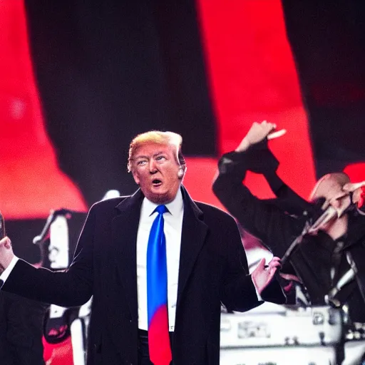 Image similar to donald trump on stage as the lead vocalist in a black metal band