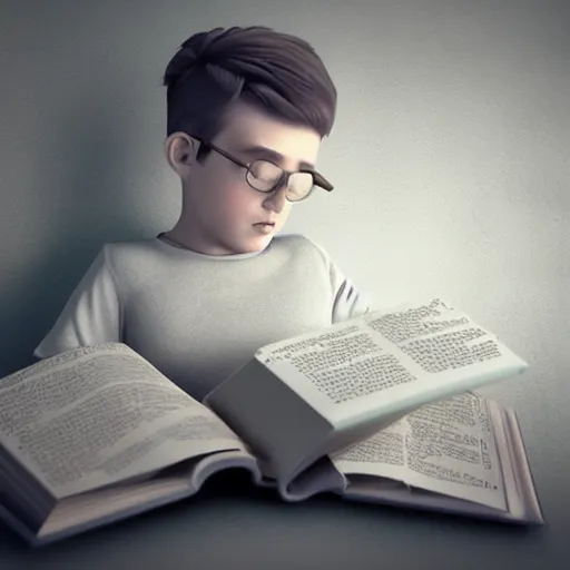 Image similar to a boy reading a book, 3 d rendering, trending on pixiv, cinematic lighting