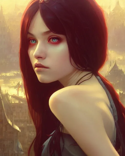 Image similar to highly detailed vfx portrait of a beautiful vampire girl, wonderful eyes, three - dimensional rendering, unreal engine, alexey gurylev, greg rutkowski, loish, rads, beeple, makoto shinkai and lois van baerle, rossdraws, tom bagshaw, alphonse mucha, global lighting, detailed and complex environment