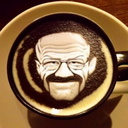 Prompt: walter white latte art in a cup of coffee, highly detailed