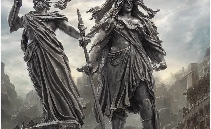 Image similar to A large statue of a wizard guarding a city, landscape art, concept art, intense, fantasy, inspiring, colossus of rhodes