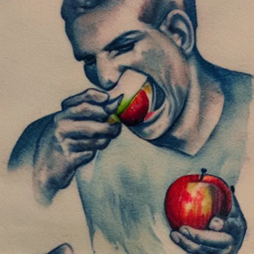 Image similar to a old tattoo of a sailor from the 1 9 4 0 s eating a honeycrisp apple, blues and whites, sketching, watercolor, color restoration, high quality