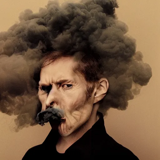 Prompt: a man's head replaced with a puff of smoke, annie liebowitz