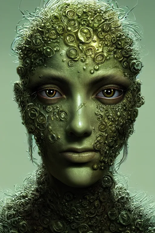 Image similar to beautiful portrait of a mutant algae plant character, intricate, dystopian, eyelashes, extremely detailed, digital painting, sculpted in zbrush, artstation, concept art, smooth, sharp focus, illustration, chiaroscuro soft lighting, golden ratio, rule of thirds, fibonacci, incredible art by Stanley Artgerm Lau and Greg Rutkowski, composition by mike mignola and Simon Stalenhag,
