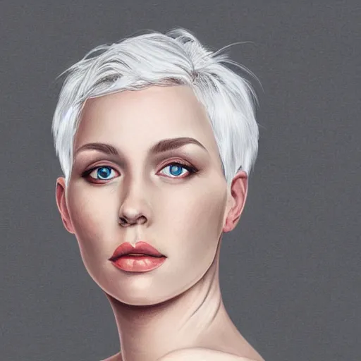 Prompt: portrait of a woman with short white hair, medium shot, illustration, highly detailed, high quality, by olaf bjornsson