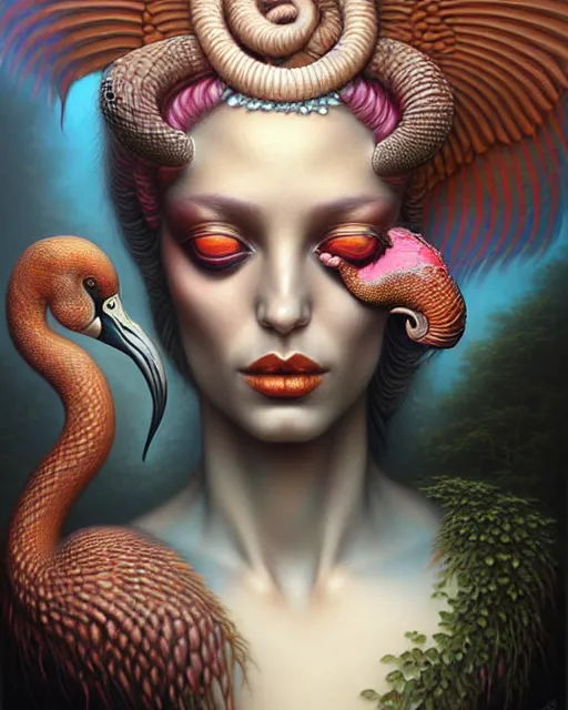 Prompt: a detailed portrait of dreampunk goddess ( flamingo ) ( python ) hybrid mix beautiful! ( ( smoke ) ) by tomasz alen kopera and peter mohrbacher