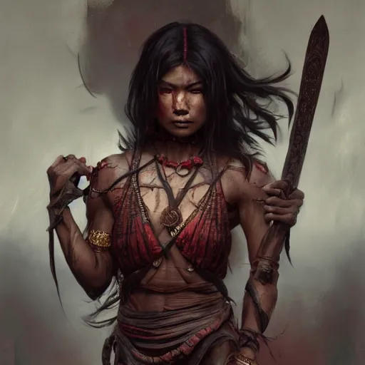 Prompt: wide painting of dark muscular oiled nepali woman, bloody, carrying a sword, symmetric, veins, ultra realistic, concept art, intricate details, eerie, highly detailed, photorealistic, octane render, 8 k, unreal engine. art by artgerm and greg rutkowski and alphonse mucha