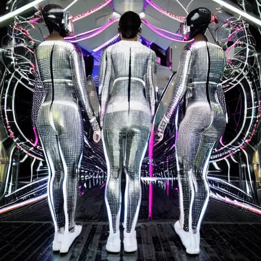 Prompt: love, diverse reflective cybersuits, from behind, connection rituals, wide wide angle, vivid, elaborate, highly detailed, beautiful lighting