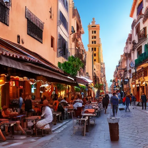 Image similar to a busy side street in valencia, people outside eating meals, taverns nighttime lifestyle, photorealistic