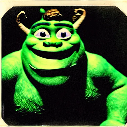 Image similar to horrifying old polaroid of monster shrek staring from the depths of the dark gloomy forest, photo by beksinsky, carpenter, creepy pasta, photorealistic, grainy, found footage, old film, low quality, horror, creepy, unsettling, terrifying