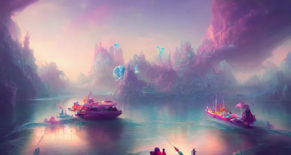 Image similar to an amusement park boat ride with pastel colors by peter mohrbacher, vivid colors, matte painting, 8K, concept art, mystical color scheme, trending on artstation