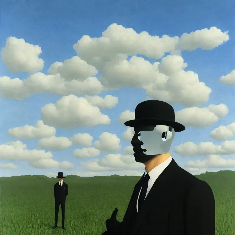 Image similar to portrait of a faceless reflective chrome - head man in a suit and black gloves, clouds and nature landscape in the background, by rene magritte, detailed painting, distance, centered, hd, hq, high resolution, high detail, 4 k, 8 k