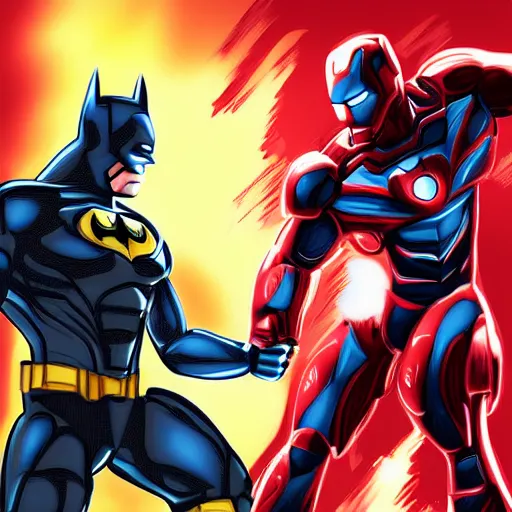 Image similar to ironman and batman having a fist fight, digital art