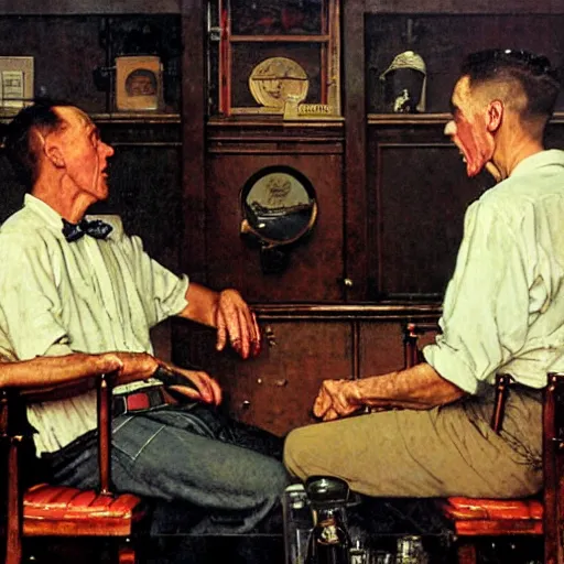 Prompt: an oil painting of two gentlemen arguing , by Norman Rockwell
