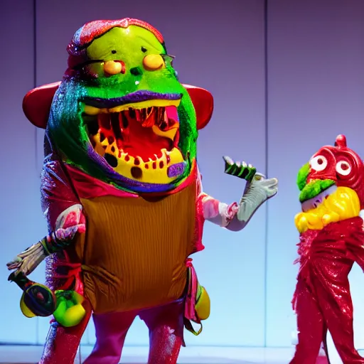 Prompt: anthropomorphic candy as an actor, on stage