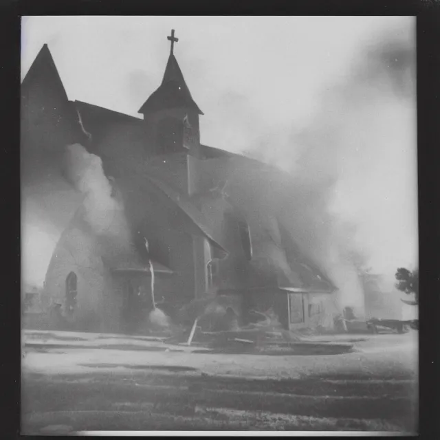 Image similar to polaroid photo of a church on fire