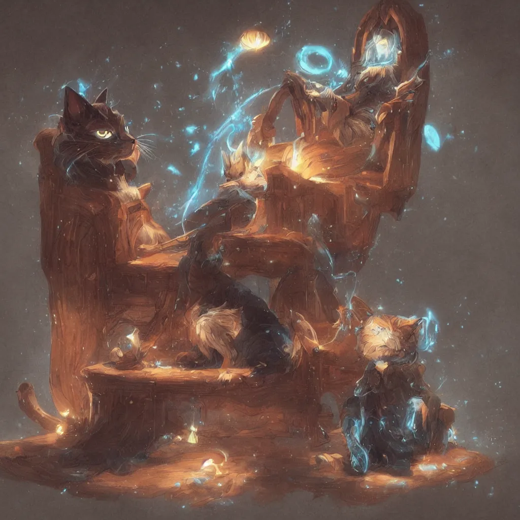 Image similar to anime cat with cloak laying on a magical wood carved chair, super powers, glowing tiny blue lines, concept art, by greg rutkowski, overdetailed art