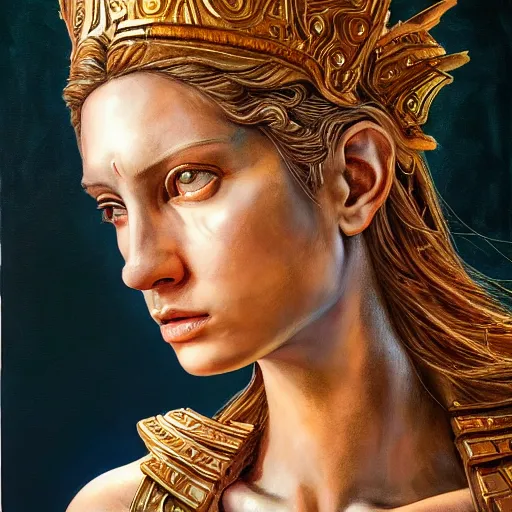 Image similar to hyperrealistic mixed media painting of beautiful goddess Athena, stunning 3d render inspired art by P. Craig Russell and Barry Windsor-Smith, perfect facial symmetry, dim volumetric lighting, 8k octane beautifully detailed render, post-processing, portrait, extremely hyper-detailed, intricate, epic composition, brown eyes, realistic realistic realistic eyes, cinematic lighting, masterpiece, trending on artstation, detailed detailed detailed, masterpiece, stunning