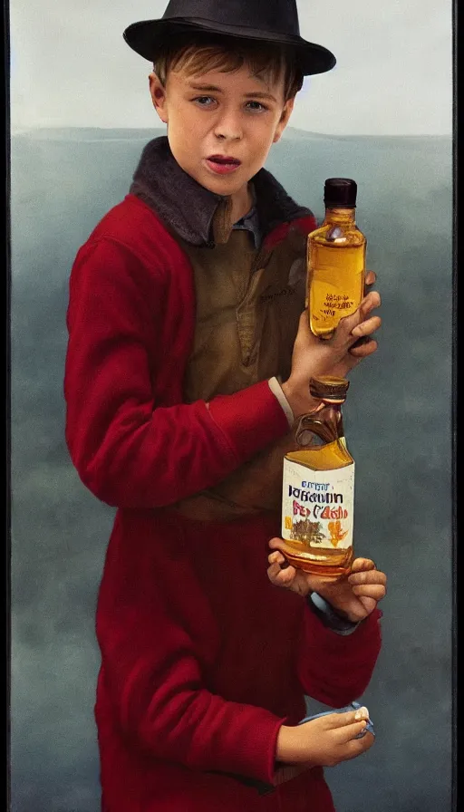 Prompt: a realistic portrait of a boy from canada drinking a whole bottle of maple syrup, annie leibovitz, highly detailed