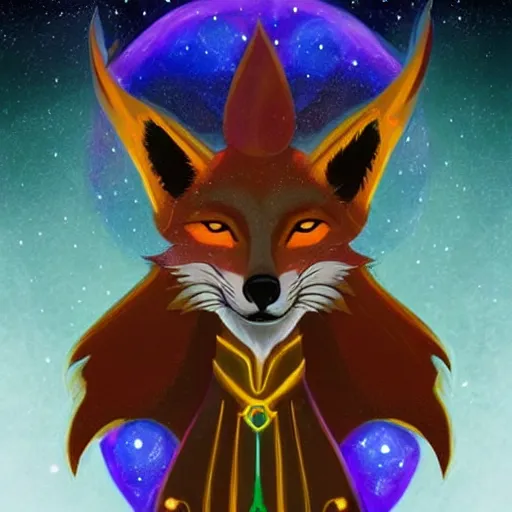 Prompt: a stylized painting for an avatar of an awesome cosmic powerful luxurious foxfolk mage themed around death and the cosmos, in the style of dnd beyond avatar portraits, beautiful, artistic, elegant, lens flare, magical, lens flare, nature, realism, stylized, art by jeff easley and genndy tartakovsky