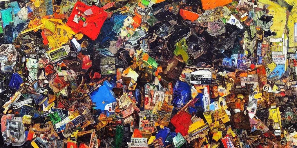 Image similar to mad trash bags, collage, acrylic on canvas, expressionism movement, ultra detailed, breathtaking detailed, by matt sesow