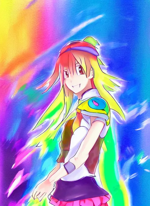 Prompt: a portrait of a female pokemon trainer, rainbow uniform, very anime in impressionist style, anime trending artwork, anime painter studio, by claude monet
