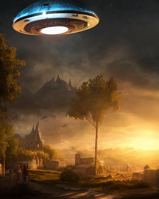 Image similar to ufo landing in medieval village, ultra realistic, lens flare, atmosphere, glow, detailed, intricate, full of colour, cinematic lighting, trending on artstation, 4 k, hyperrealistic, focused, extreme details, cinematic, masterpiece