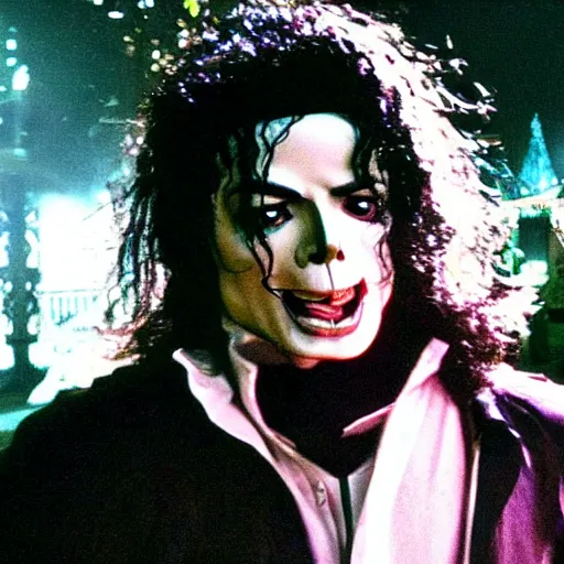 Image similar to the ghost of michael jackson haunting an amusement park, horror scene, hyper realistic